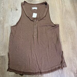 We‎ The Free People Button Racerback Henley Tank Top Brown Boho Distressed L $58